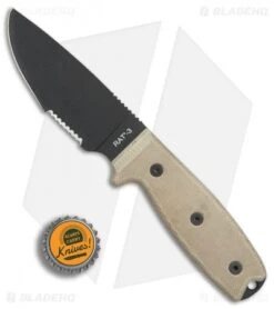 Ontario OKC RAT-3 Fixed Blade Knife Tan Micarta (3.6" Black Serr) 8666 7 Ontario OKC RAT-3 Fixed Blade Knife Tan Micarta (3.6" Black Serr) 8666 -Blade HQ Ontario Rat 3 serr nylon sheath BHQ 75457 er bottlecap