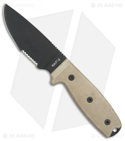 Ontario OKC RAT-3 Fixed Blade Knife Tan Micarta (3.6" Black Serr) 8666 1 Ontario OKC RAT-3 Fixed Blade Knife Tan Micarta (3.6" Black Serr) 8666